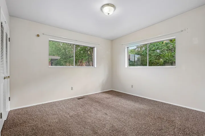 Neutral wall paint, plush carpet flooring, dual windows, and ceiling-mounted light fixture