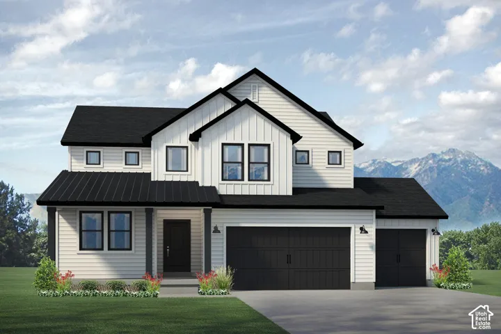 Modern farmhouse exterior with white horizontal siding and black trim accents