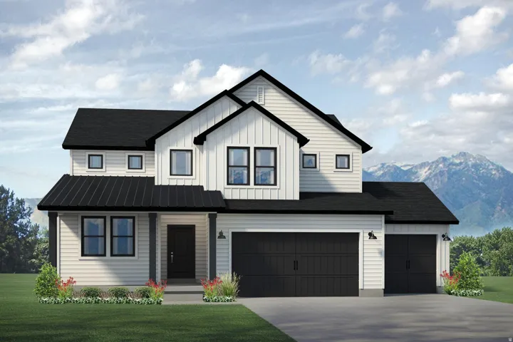 Modern farmhouse exterior with white horizontal siding and black trim accents