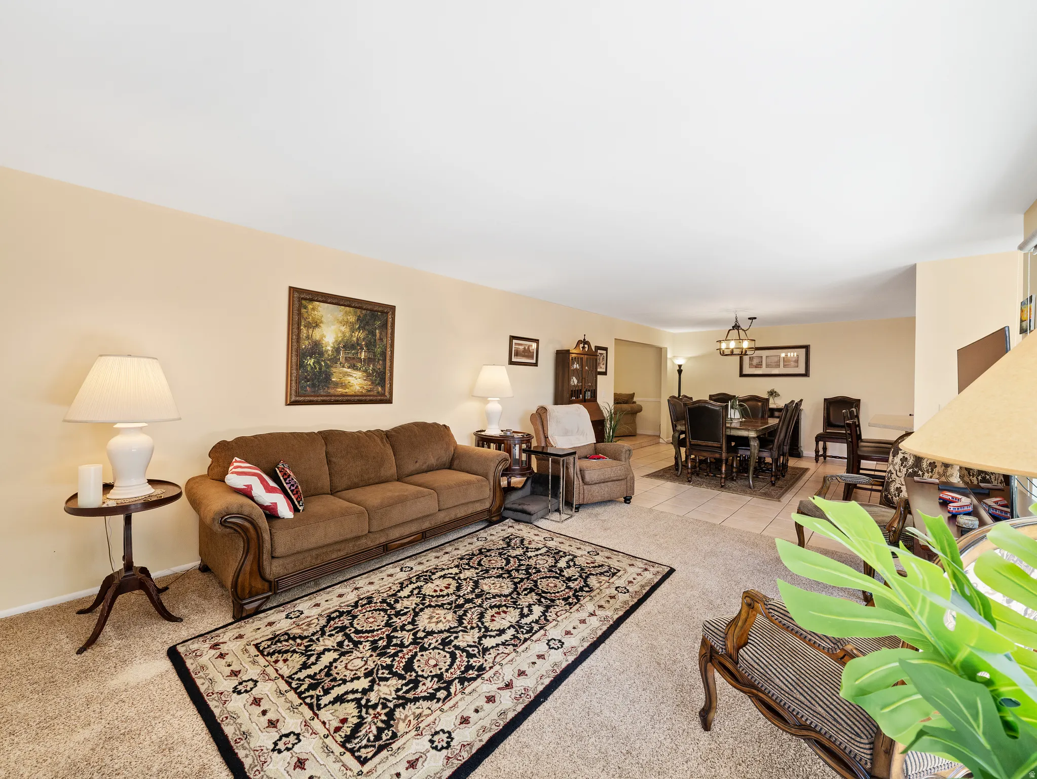 Carpeted living area with light-toned walls