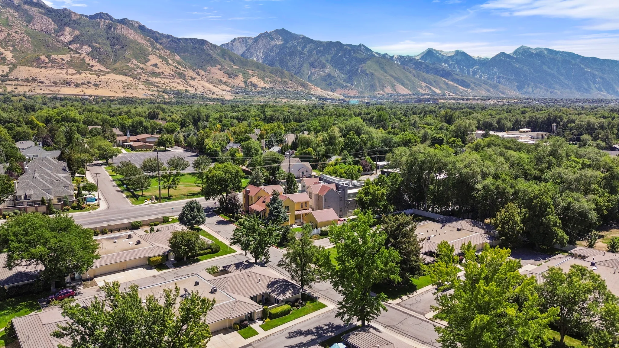 Expansive mountain range backdrop and abundant mature trees