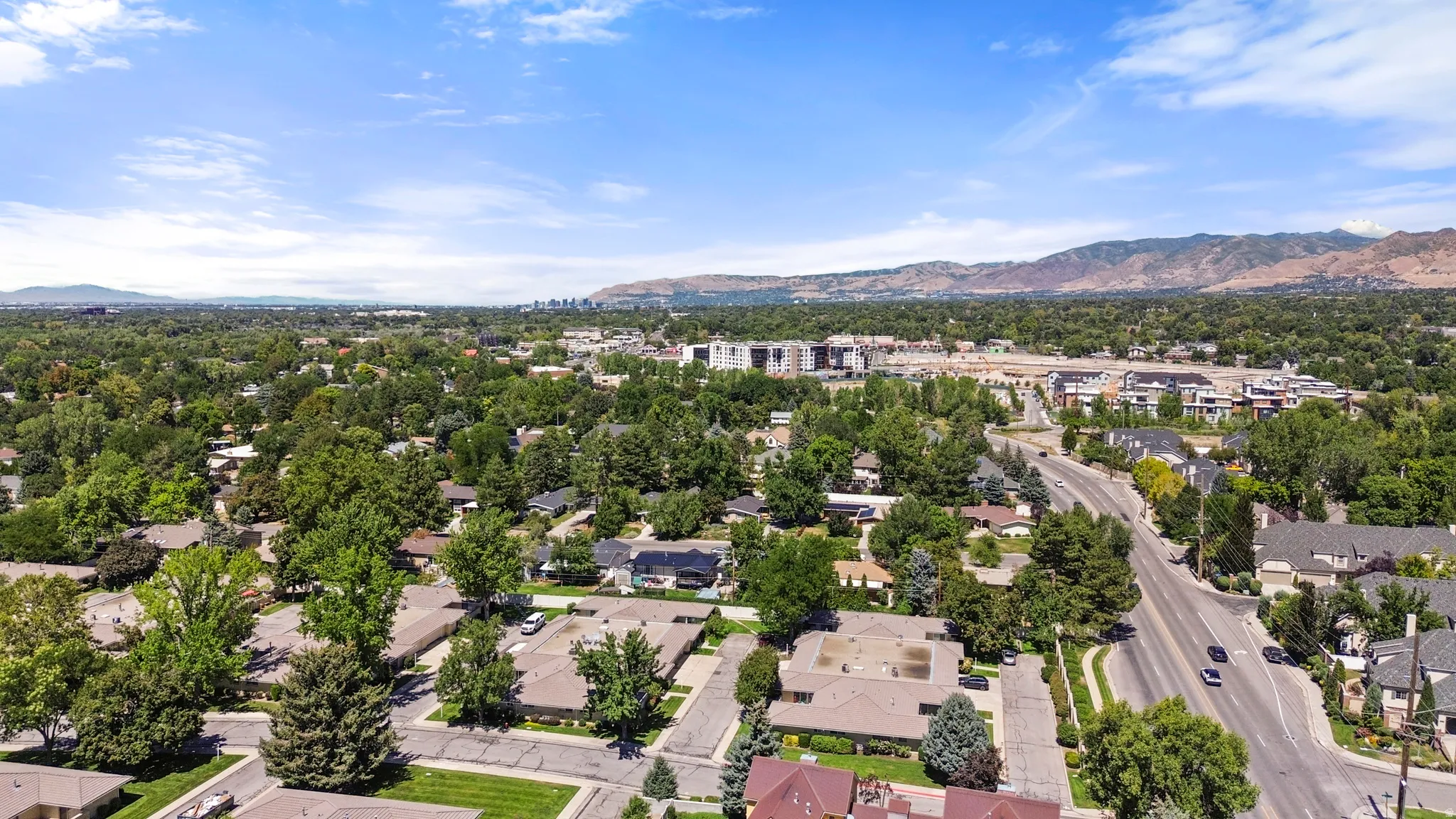 Aerial view showcasing a tree-lined residential neighborhood with mature landscaping, established single-family homes, and proximity to commercial corridors