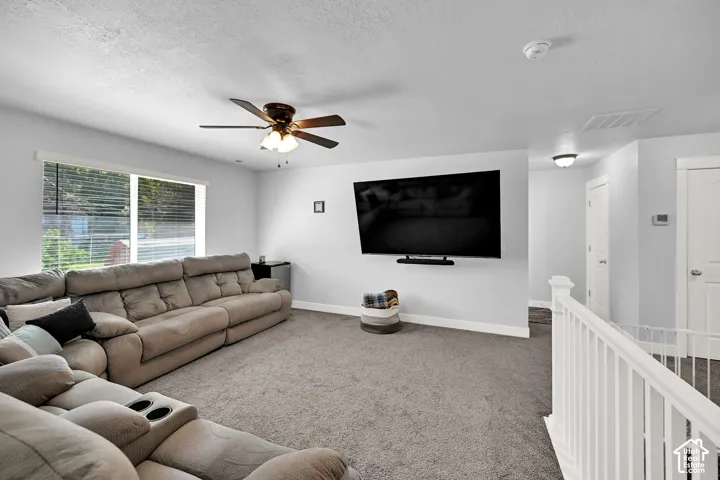 Carpeted living area with a ceiling fan, wall-mounted television, and a window with blinds