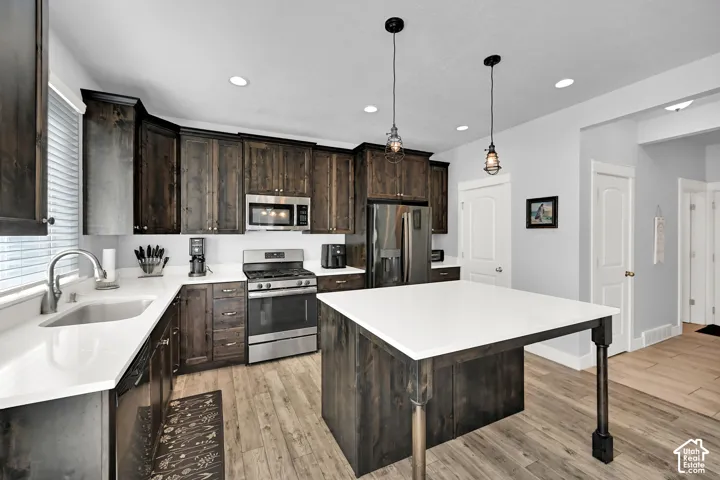 Kitchen featuring dark wood-finish cabinetry, white countertops, stainless steel appliances, and wood-finish flooring