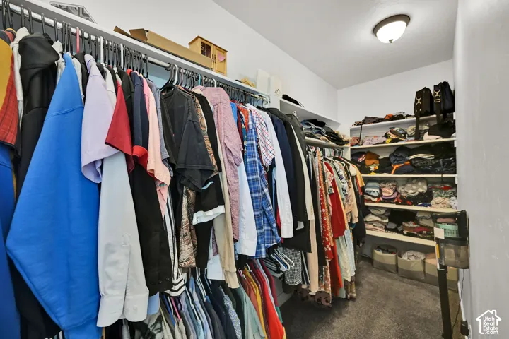 Expansive closet featuring multiple clothing rods, built-in shelving, white walls, and a flush-mount ceiling light