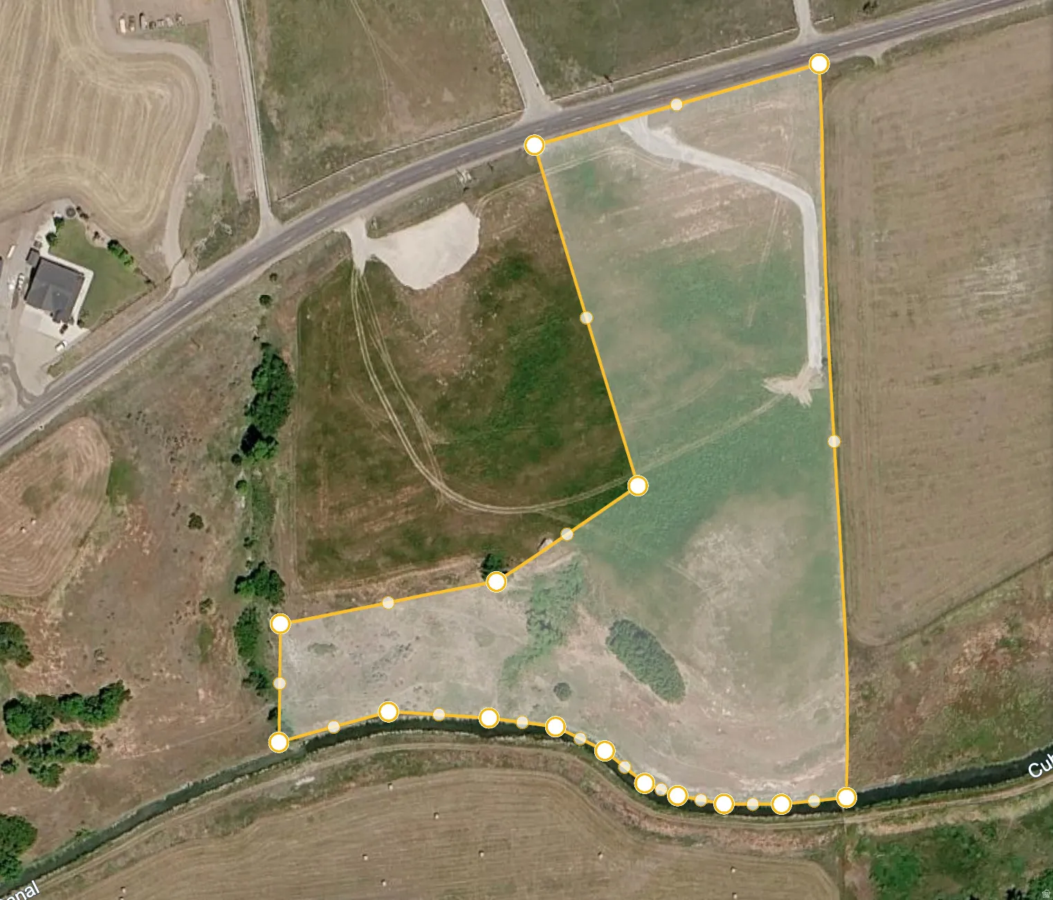 Aerial Property Survey. Depicting the boundary demarcation and land configuration of the property with dimensional reference points