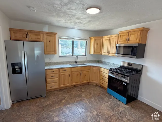 Wood-finish cabinetry complemented by light-toned countertops and a stainless steel appliance suite