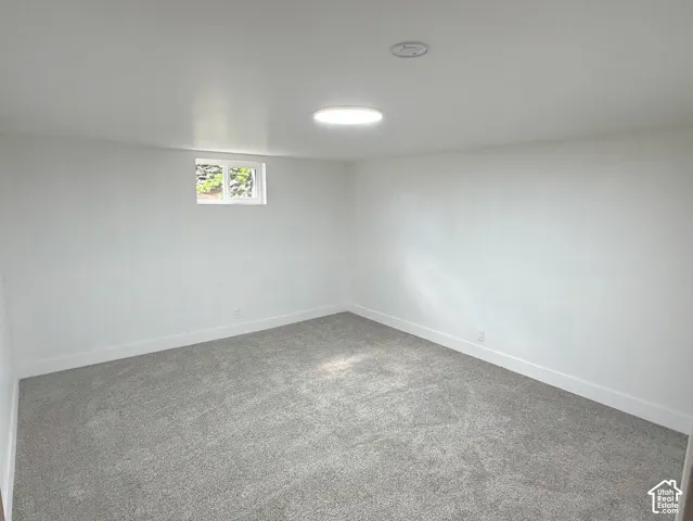 Recessed lighting fixture, light gray carpeting, white painted walls, white trim, and a single window