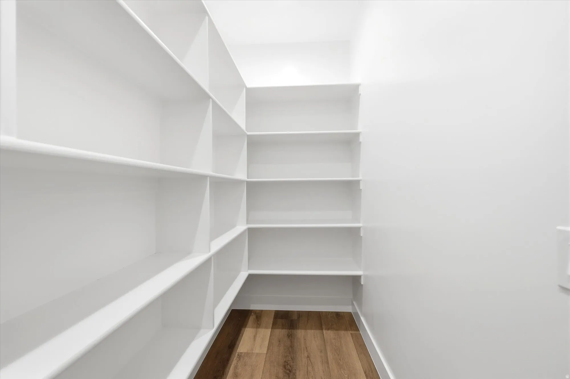 Walk-in pantry featuring extensive white shelving and wood-finish flooring