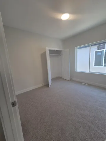 Recessed ceiling light, neutral wall color, patterned carpeting, built-in closet, large window