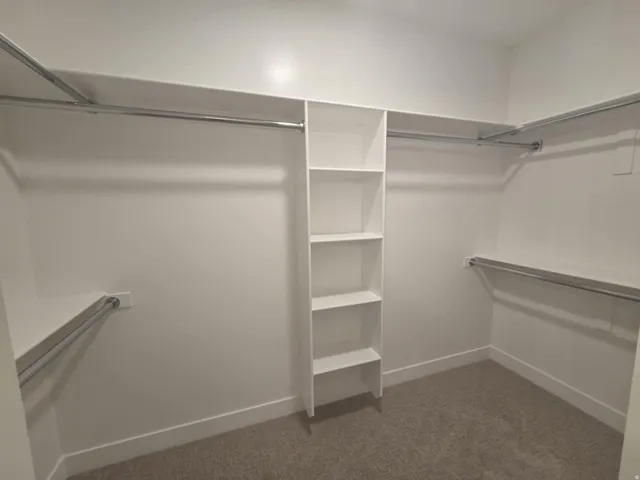Walk-in closet featuring built-in shelving, multiple hanging rods, and neutral-toned carpeting