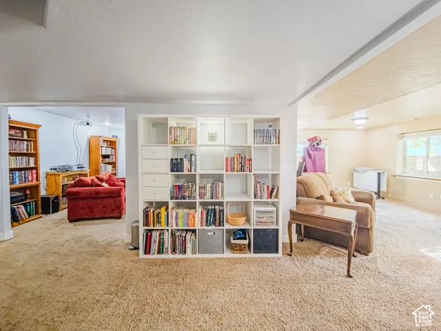Built-in shelving unit with various storage compartments