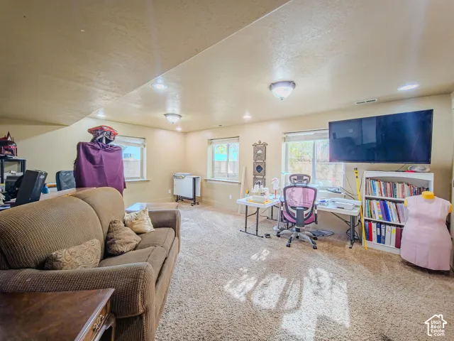 Spacious room featuring neutral carpeting, multiple windows, and recessed lighting
