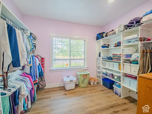 Walk-in closet featuring wood-finish flooring, built-in shelving, an integrated clothing rod system, and a window with white trim