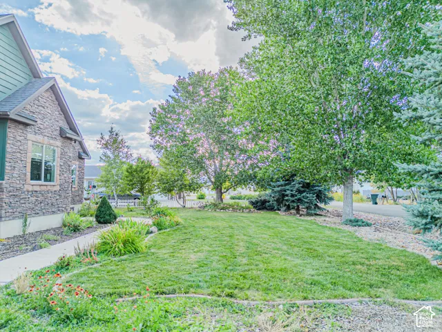Expansive front yard featuring a manicured lawn, mature trees, and a stone facade