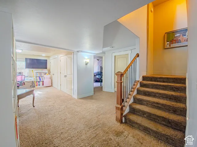 Carpeted flooring throughout, white paneled doors, built-in shelving, wood newel post, and black wrought iron balusters