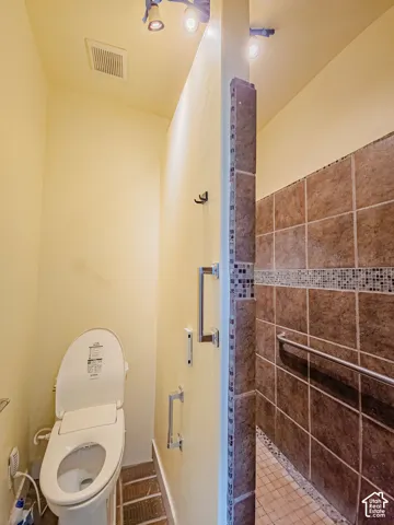 Walk-in shower with brown tile surround and decorative mosaic accent