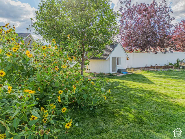 Expansive lawn area, mature trees, privacy fencing, detached utility shed, and established perennial plantings