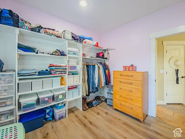 Built-in shelving, hanging rod, wood-finish flooring, and recessed ceiling light