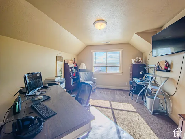 Carpeted room with a ceiling-mounted light fixture, sloped ceiling details, and an exterior-facing window