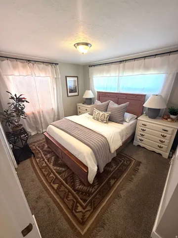 Carpeted flooring, two windows with white window treatments, and a ceiling-mounted light fixture