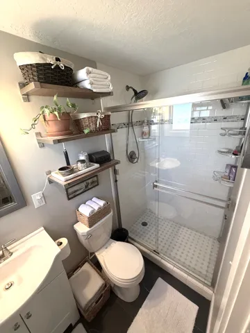 Glass-enclosed shower with subway tile surround and patterned floor tile