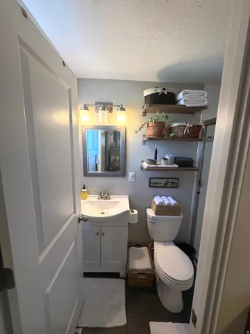 Vanity with integrated sink, chrome faucet, wall-mounted mirror, and overhead lighting
