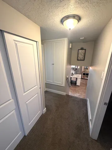 Carpeted hallway featuring white panel doors, built-in cabinetry, and a flush mount ceiling light