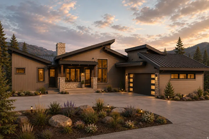 Contemporary architecture featuring a multi-pitched metal roof and stone accents