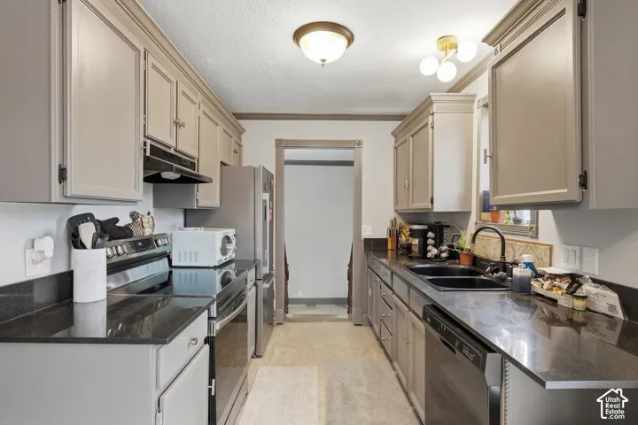 Galley kitchen featuring light-toned cabinetry, dark countertops, and stainless-steel appliances