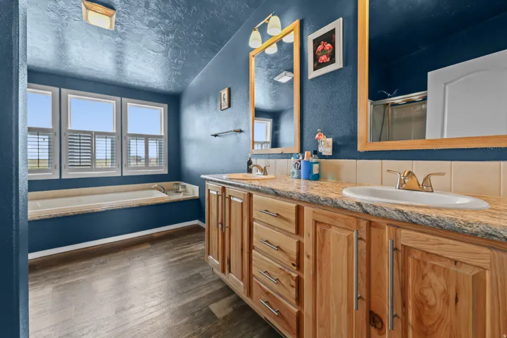 Wood-finish flooring with a built-in soaking tub, multiple windows with white plantation shutters, dual sink vanity with wooden cabinetry, and a granite-style countertop