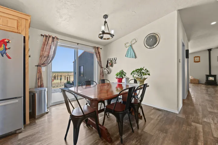 Wood-finish flooring, sliding glass door, and a black ceiling-mounted light fixture