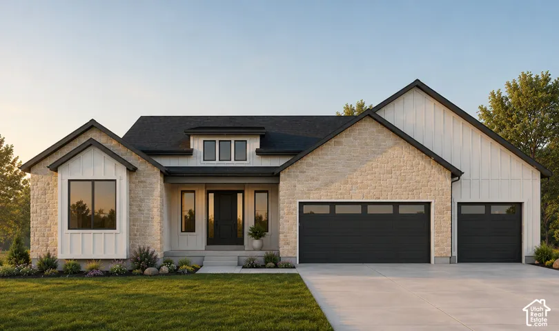 Stone and vertical siding exterior with a dark shingle roof