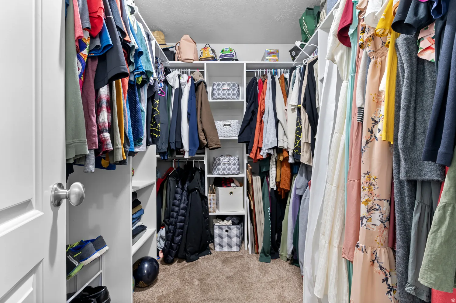 Walk-in closet featuring white built-in shelving, multiple hanging rods, and carpet flooring