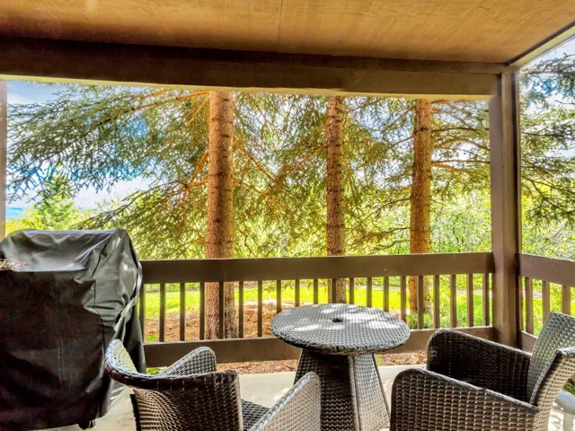 Covered outdoor patio with wood plank ceiling