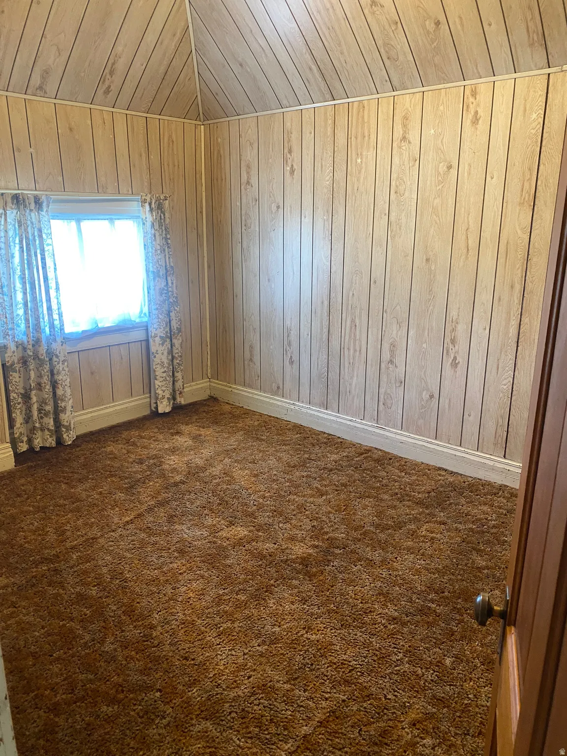Vaulted ceiling with wood-finish paneling, vertical wood-finish wall paneling, and brown shag carpet flooring