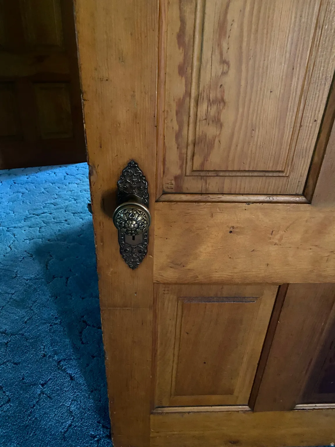 Wood-paneled door featuring a decorative escutcheon plate and a brass-tone doorknob