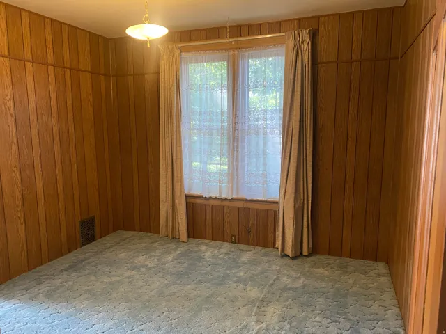 Wood-paneled walls and ceiling-mounted light fixture