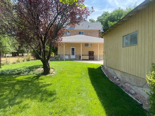 Expansive lawn with mature landscaping, covered patio, and separate structure with siding