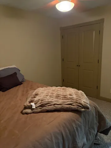 Flush-mount ceiling light fixture, bi-fold closet doors, and neutral wall paint