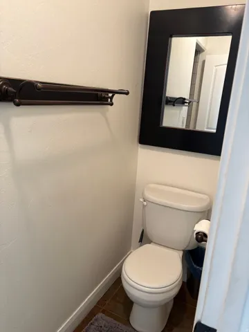 White toilet, dark brown floor tiles, and a framed mirror