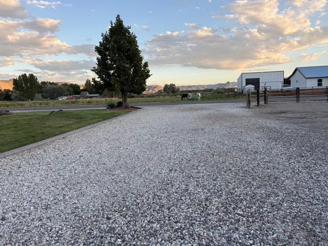 Gravel lot with perimeter fencing and a single mature tree