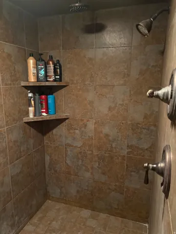 Tiled shower enclosure featuring dual shower heads, built-in corner shelving, and bronze-finish fixtures