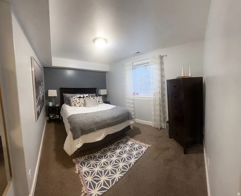Carpeted room with ceiling mounted lighting, a window with blinds, and a built-in overhead light fixture, walk-in closet