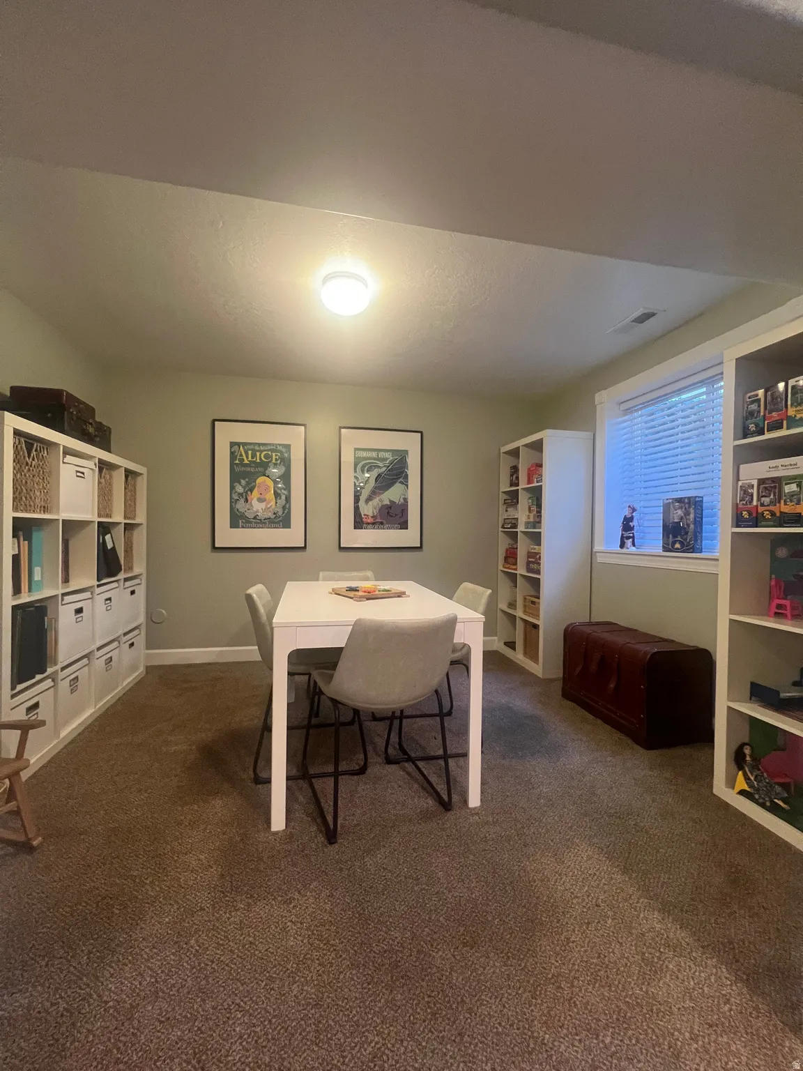 Ceiling mounted lighting, window with blinds, wall to wall carpets