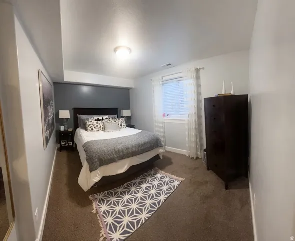 Carpeted room with ceiling mounted lighting, a window with blinds, and a built-in overhead light fixture, walk-in closet