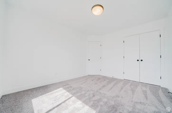 Light gray carpeting, white walls, and a flush mount ceiling light
