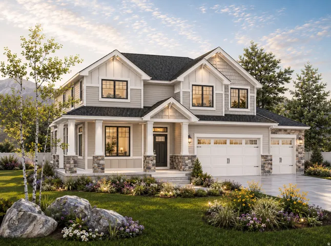 Two-story residence featuring light-toned siding and dark roof shingles