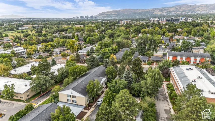 Extensive landscaping with mature trees, established neighborhood setting, visible urban skyline, distant mountain backdrop, and multiple residential structures