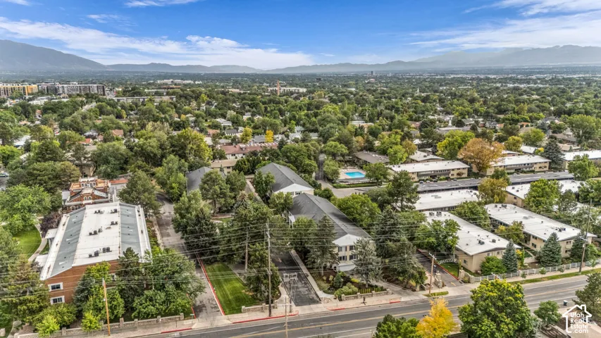 Expansive residential area with mature tree canopy, mountain backdrop, and clear sky